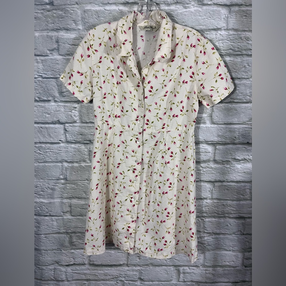 VTG 100% Linen Eddie Bauer Floral Button-Up Shirtdress Cottagecore Chic - Picture 2 of 13